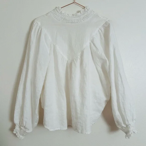DISSH Linen Blouse Top White High Neck Long Sleeve Boho - Picture 8 of 12